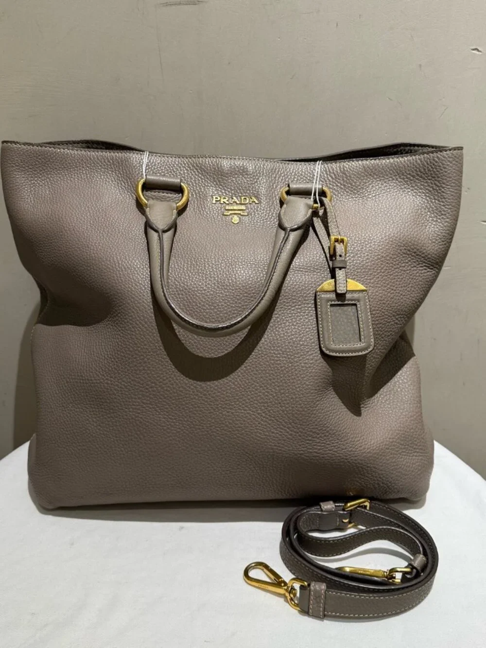 Prada Vitello Daino Elephant Grey Grain Leather Large Tote Handbag